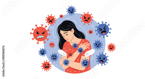 Unhappy woman surrounded by many angry-looking virus icons representing a weak immune system or being overwhelmed by sickness.