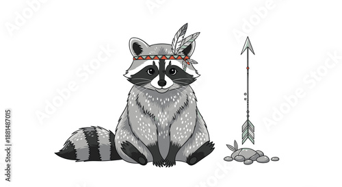 Cute raccoon character wearing a native american tribal headband with feathers standing next to a ceremonial arrow and stones.