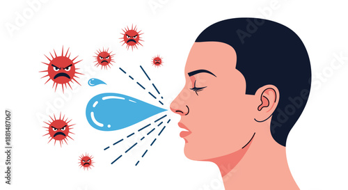 Illustration of a man sneezing and spreading viruses and bacteria through airborne droplets representing contagious infection or allergy.