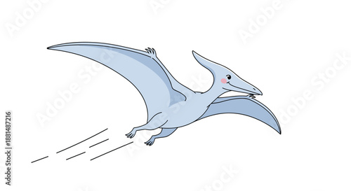 Cute blue pterodactyl dinosaur flying through the air with speed lines in a cartoon style illustration for kids.