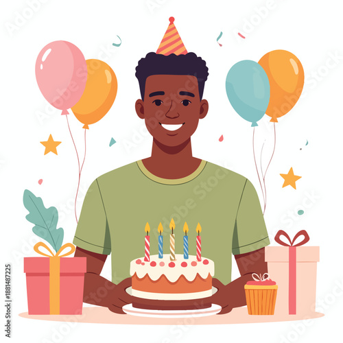A young man happily holding a birthday cake surrounded by balloons and gifts in a festive setting