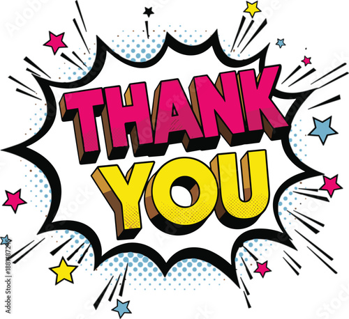 Pop art thank you message vector with colorful stars and expressive comic typography