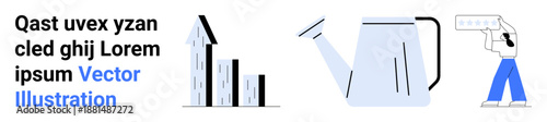 Business strategy, growth planning, financial goals, sustainability, measuring progress, resource management. Bar chart with upward arrow, watering can person holding a ruler. Business strategy