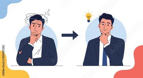 Businessman transforming from a state of confusion and stress to having a bright idea and finding a successful solution.