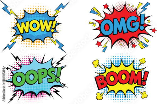Comic style wow omg oops boom vector with vibrant colors and expressive pop art speech bubbles