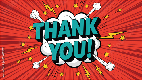 Comic style thank you explosion vector with bold turquoise text and dynamic pop art background