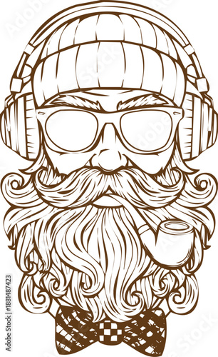 An engraving art hipster man with beanie headphones glasses and pipe sketch