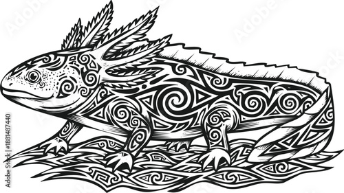 An engraving art axolotl with tribal tattoo pattern illustration in black and white