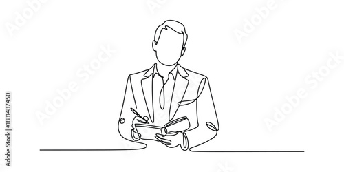 Continuous one line drawing of a Businessman writing in a notebook.