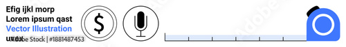 Business tools, technology, financial apps, digital interfaces, workplace icons, communication elements. Icons of a dollar sign and a microphone with a measuring tape graphic. Business tools