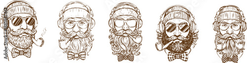 An engraving art set of five bearded man head illustrations with different styles, hats, sunglasses, and pipes
