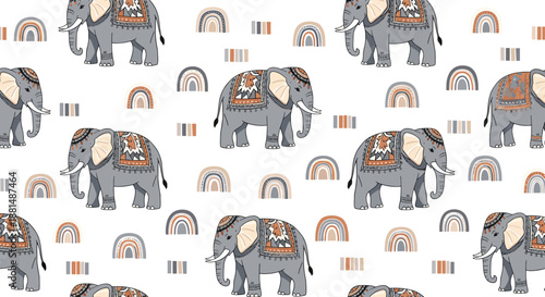 Seamless pattern with decorated indian elephants and rainbows in neutral earth tones for nursery and textile design.