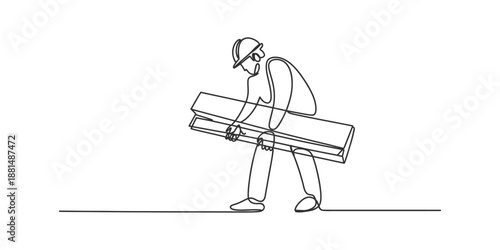 Continuous one line drawing of a construction worker carrying a long wooden plank.