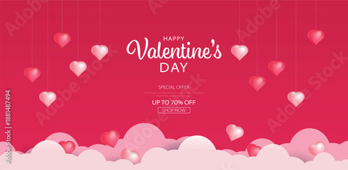 Realistic red 3D hanging heart with cloud background for valentine's day banner. Valentine's day minimal scene for sale, promotional post. Vector illustration design.
