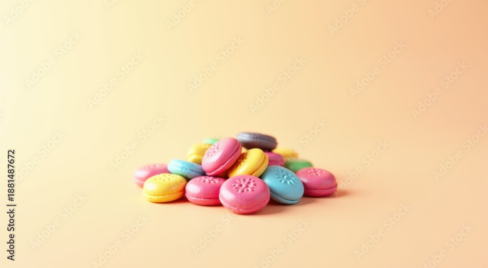 Obraz premium Many colorful candy candies on a yellow background food background