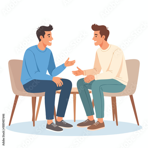 Two men engaged in conversation while seated on chairs facing each other in a relaxed setting