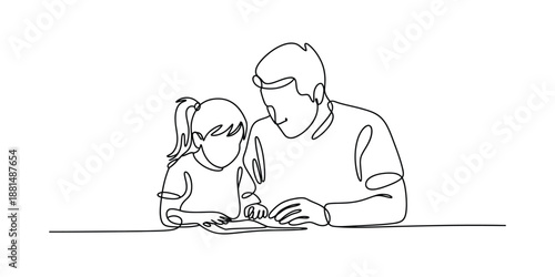 Continuous one line drawing of a Father helping his daughter with reading book.