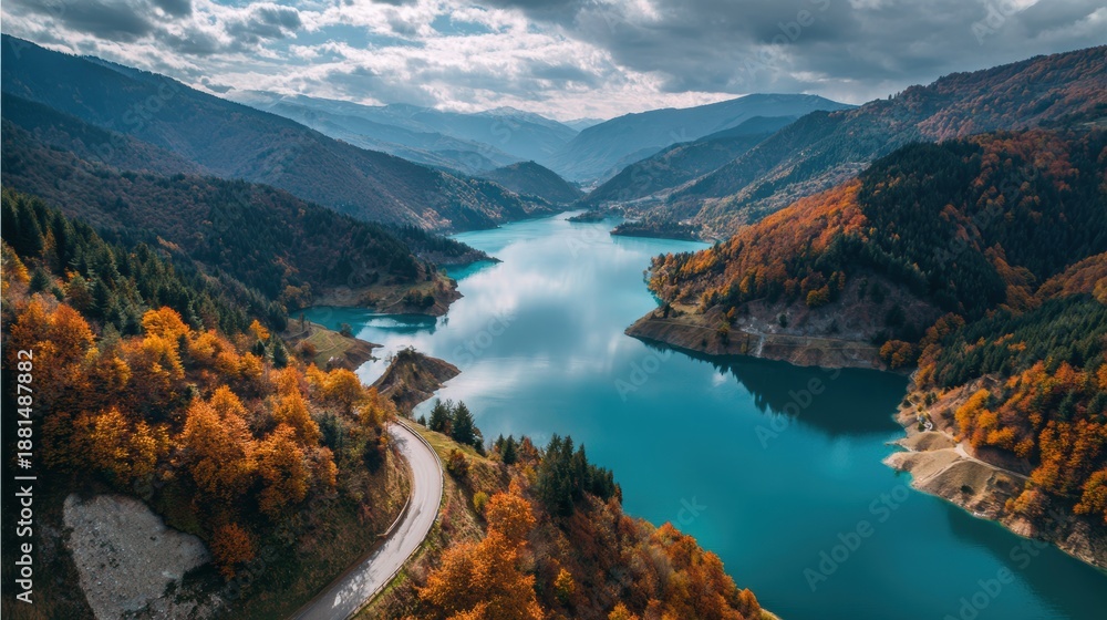 Obraz premium Aerial view of a vibrant lake surrounded by hills in autumnal colors, a winding road adds to the scenic view.