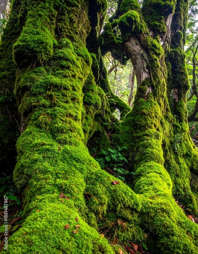 A close-up of ancient, moss-covered tree trunks in a lush forest