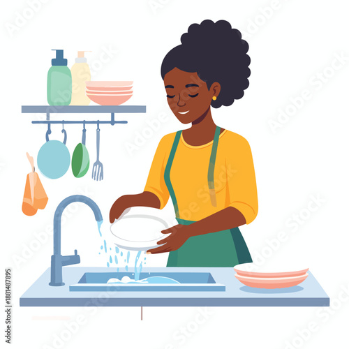 Woman washing dishes in a kitchen sink with soap and water, standing at the counter, surrounded by kitchen utensils and cleaning supplies