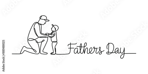 Continuous one line drawing of a Kneeling father helping a child stand up standing with Father's Day Text.