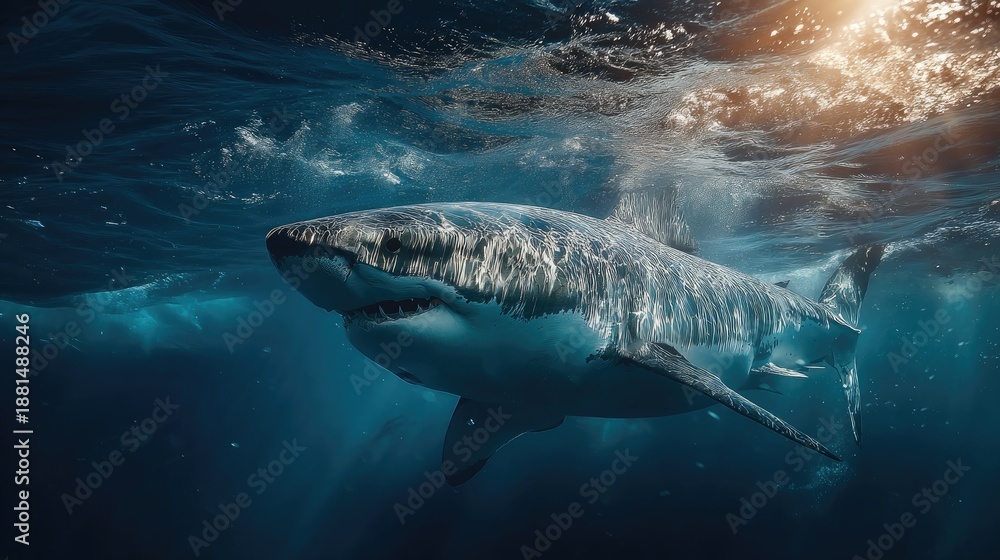 Fototapeta premium Great white shark swimming underwater, sun rays penetrating the surface, blue ocean, marine predator concept 