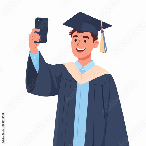 A young graduate in cap and gown taking a selfie with a mobile phone