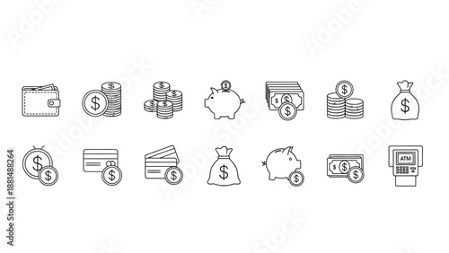 Collection of simple financial icons representing various monetary elements and transactions in a clean and minimalist design for financial business projects
