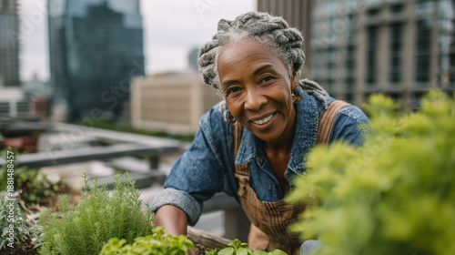 Diverse senior enjoying creative gardening on a city rooftop, expressing calm, purpose, and sustainability through an active and fulfilling later-life lifestyle. Elderly person, medium dark skin, roof