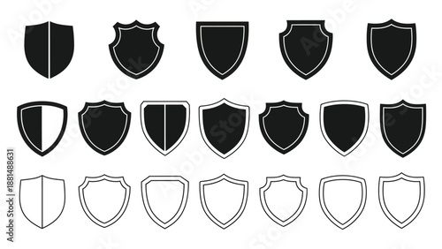 Collection of various black and white shield icons in different styles and designs for security and protection concepts with multiple variations for diverse applications and graphic elements.