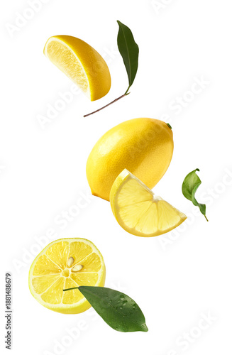 Flying fresh yellow lemons and slices with green leaves isolated on white background. Levitating citrus fruit. Healthy organic vegan food concept, natural ingredient rich in vitamin C.