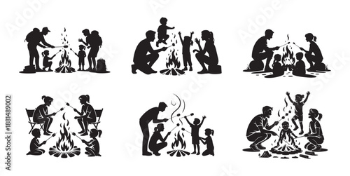 Family Camping Silhouette Set Vector Collection, Campfire Parents and Kids Outdoor Adventure Illustration.