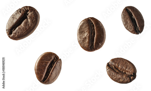Flat lay set of roasted coffee beans isolated on white background. Top view collection of aromatic arabica grains. Caffeine ingredient pattern. © Agave Studio