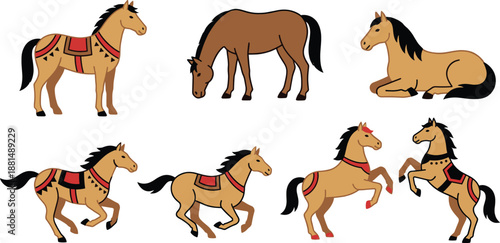 Collection of illustrated horses in various poses, standing, running, rearing and resting, decorative cartoon style animals for creative design, artwork, children’s projects and educational materials