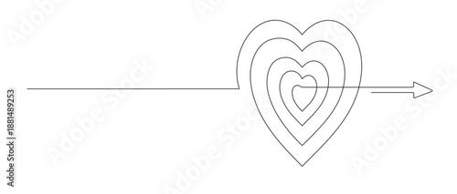 Line art of an arrow pointing and aiming at a heart, right on target. Falling in love. Vector illustration