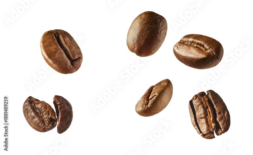 Flat lay set of roasted coffee beans isolated on white background. Top view collection of aromatic arabica grains. Caffeine ingredient pattern.