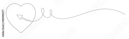 Line art of an arrow pointing and aiming at a heart, right on target. Falling in love. Vector illustration