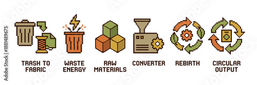 Pixel art icon set illustrating circular economy and recycling process with waste management symbols in a retro 8-bit video game style for sustainable environmental concepts