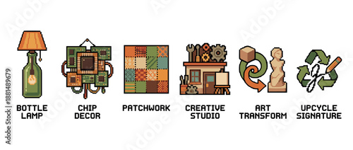 Set of six pixel art icons representing upcycling and creative transformation concepts, including a bottle lamp, chip decor, patchwork, and an artist studio with a retro 8-bit aesthetic