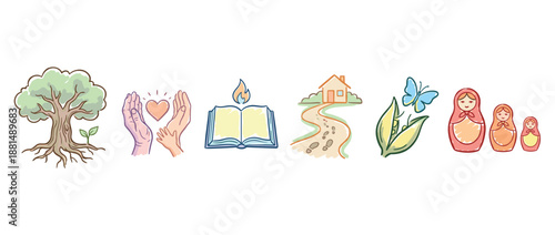 Collection of hand-drawn icons representing family values, growth, and life's journey, including a tree, heart, book, home, butterfly, and nesting dolls in a cute doodle style