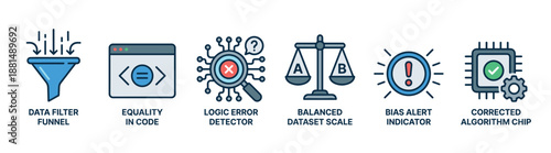 Colorful line icon set illustrating AI ethics concepts like data filtering, balanced datasets, bias alerts, logic error detection, and corrected algorithms for machine learning