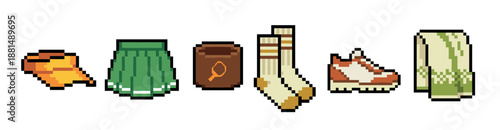 Pixel art set of clothing and accessories including a skirt, sweater, socks, shoe, cap, and bag for a video game character design or digital wardrobe concept