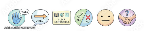 Set of six hand-drawn communication icons illustrating concepts of consent, clear instructions, directness, choice, and agreement in a colorful watercolor style