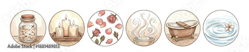 Six circular hand-drawn spa and wellness icons depicting bath salts, burning candles, pink rose petals, a steaming bowl, a clawfoot tub, and a flower floating on rippling water