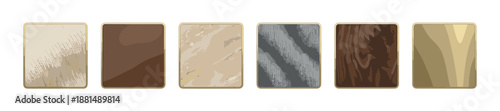 Collection of six square material swatches with golden frames showcases various textures like wood, stone, metal, and fur in a clean vector illustration style