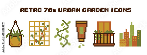 Set of retro 70s urban garden icons in a nostalgic pixel art style featuring a hanging plant, trellis, vine, balcony garden, and city skyline in a warm color palette