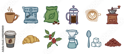 Collection of hand-drawn coffee icons featuring an espresso machine, french press, grinder, beans, and latte art in a colorful doodle illustration style for cafe menus or branding