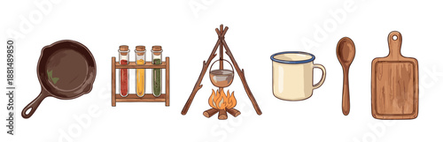 Collection of hand-drawn camping and cooking equipment including a skillet, campfire, mug, and spices in a vintage illustration style for outdoor adventure concepts
