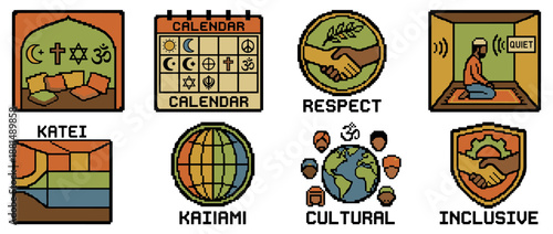 Collection of eight pixel art icons representing diversity, equity, inclusion, and religious tolerance with symbols for culture, respect, and global community in a retro 8-bit style