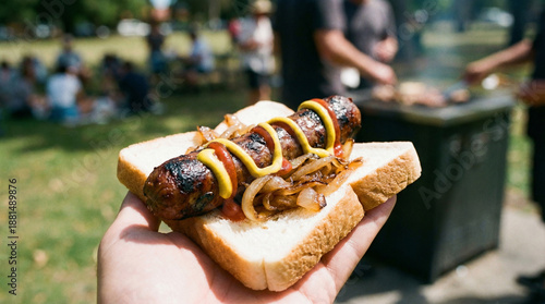 Australian Sausage Sizzle with Grilled Onions and Mustard on White Bread